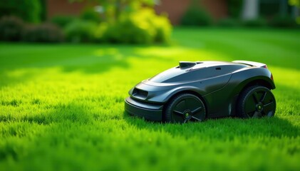 A robotic lawnmower cuts a lush green lawn, leaving neat stripes , landscape, green grass, green