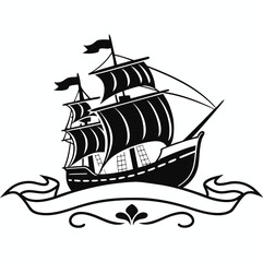 A vector illustration shows a pirate ship silhouette sailing on the sea, a nautical symbol of adventure on the ocean waves