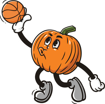 recommend clip art: Cartoon pumpkin character playing slam dunk basketball