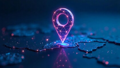 Abstract location pin. Digital gps light icon. Low poly wireframe vector illustration in futuristic hologram style on blue technology background. Travel and tourism locate, created with generative ai