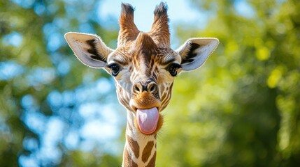 A playful young giraffe sticking its tongue out, with a quirky and fun personality.