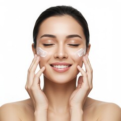 Woman applying cream to face on white background