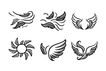  diverse and attractive artistic angles views of Energetic wings tattoo vector line and silhouette arts