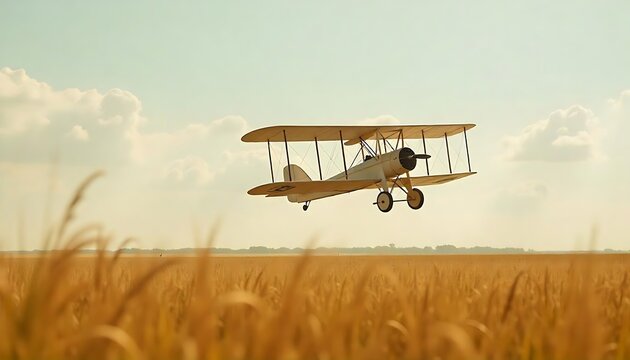 An empty scene featuring blank mockup template filled with the Wright Flyer depicted mid-flight over an empty field with tall grass swaying, created with generative ai