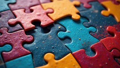 Close-up of a colorful jigsaw puzzle, many pieces interlocked, showing a partially completed image , colorful, close-up, pieces