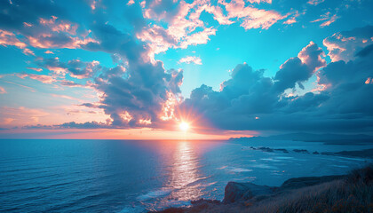 Stunning sunset over serene ocean is framed by vibrant clouds and glowing sunburst, creating magical atmosphere. Scene captures beauty of nature, with sun's rays illuminating sky, reflecting off water