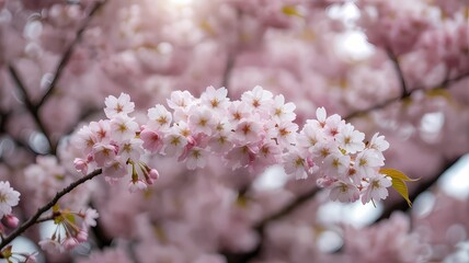 Close-Up of Pink Cherry Blossom Branch in Full Bloom .