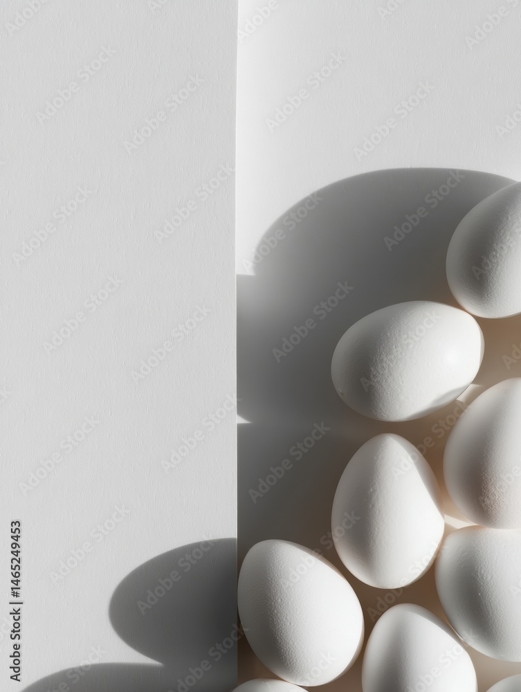Poster Arrangement of White Eggs Casting Subtle Shadows on a Clean, Bright Background With Ample Space for Branding Elements Generative AI