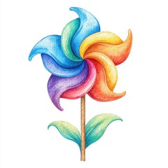 Dotted Rainbow Petal Flower Illustration on Stem with Green Leaves Against White Background