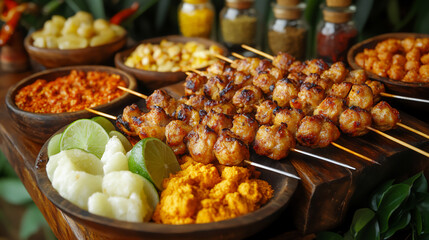 Obraz premium spices skewers flatbread rustic table outdoor cooking