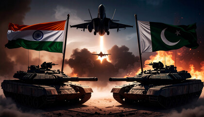 Military standoff with tanks, jets,, india and Pakistan national flags 