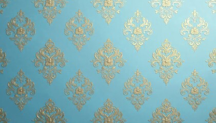 Fototapeta premium Elegant floral damask pattern with gold accents on a soft blue background , blue background, blue texture