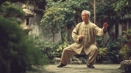 Man practicing tai chi in a garden with trees and plants in a traditional chinese outfit and black shoes