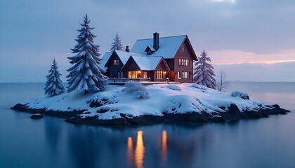 Fototapeta premium A cottage on an island in winter, Quaint snowy house at night decorated for Christmas. Fresh snow on the ground, created with generative ai