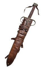 Isolated Medieval Sword with Leather Scabbard