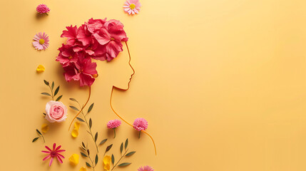 Artistic silhouette of a woman's profile adorned with vibrant paper flowers on a yellow backdrop