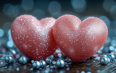 Obraz premium Two glittering hearts, romantic setting, bokeh background, Valentine's Day card