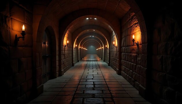 Long medieval castle corridor with arches lit by candles, evokes mystery. Dark dungeon tunnel interior, stone walls, fantasy background, endless ancient catacombs. Mystical, created with generative ai