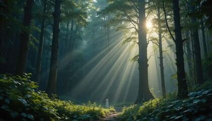 Obraz premium Sunbeams in the Mystical Forest: A Woman's Solitary Journey