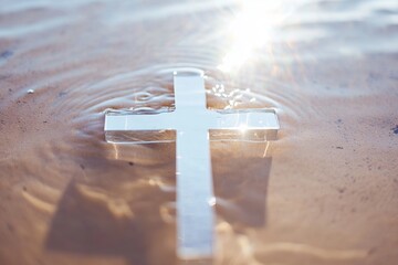 A glowing cross in the desert as the source of a flowing stream, symbolizing the divine gift of living water and spiritual life.

