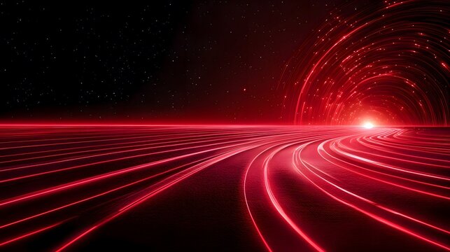 A striking digital - art image with red neon - like lines curving into a tunnel. Against a dark star - filled background, a bright light at the tunnel's end adds an other - worldly feel. 