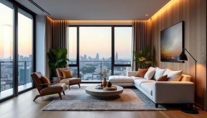 Fototapeta premium Modern condo living room with stylish furniture and city view from large window , furniture, organized, city