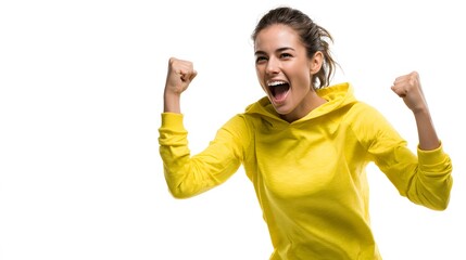 Fototapeta premium Woman in yellow hoodie cheering with clenched fists and open mouth on a white background studio shot