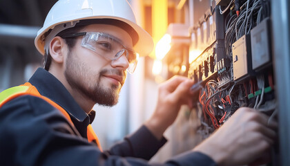 Focused scene of technician wearing hard hat, safety glasses, high-visibility vest connecting wires on electrical panel. Electrical work, safety, technology, skilled labor, industrial maintenance.