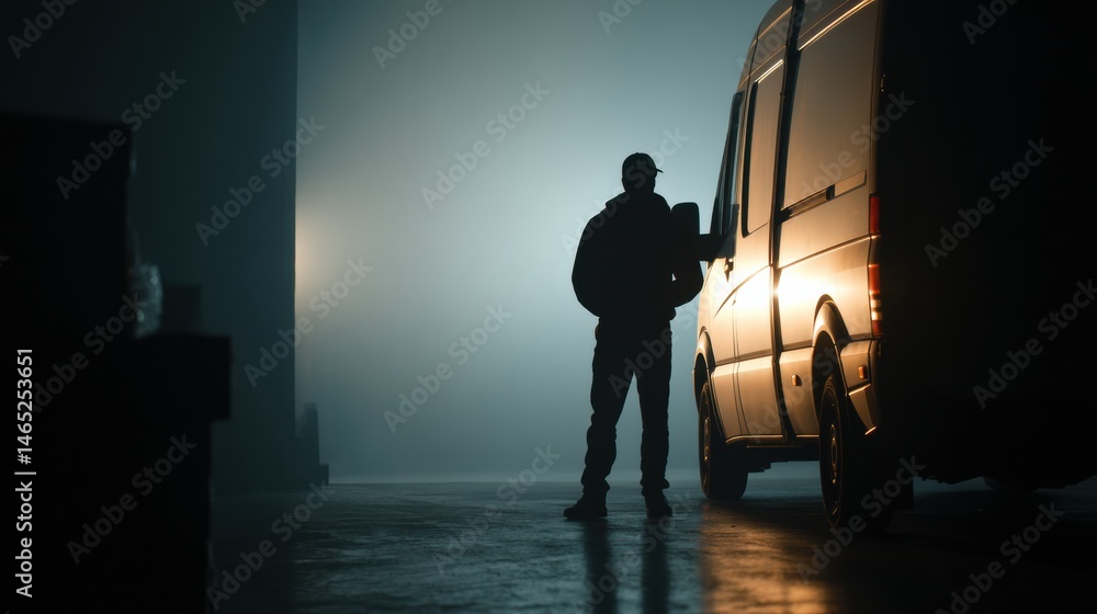 Aufkleber service worker silhouette near van in low light environment during evening hours generative ai