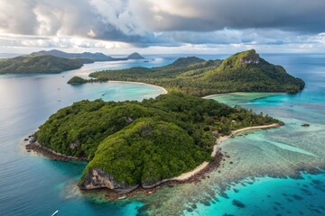 Fototapeta premium Lush Islands With Clear Waters Viewed From Above in South Pacific Generative AI