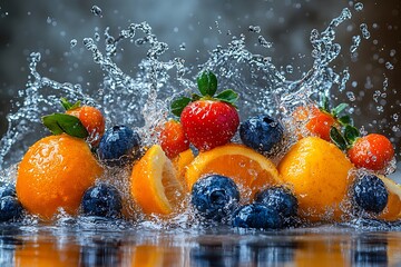 Colorful fruits in water splashes on a reflective surface.