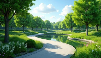 Obraz premium Serene park landscape design featuring curving pathways, lush greenery, and a tranquil pond , foliage, tranquil, scenic