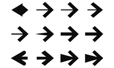 This vector set features black arrow icons for web design, including up, down, left, right, forward, play, download, and cursor symbols