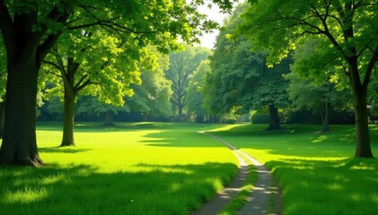 Serene park with lush green lawn, winding path, lawn, summer