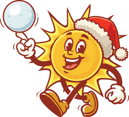 Cartoon sun character playing snowballs and wearing a christmas hat