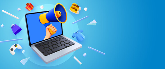 3d hand holding megaphone speaker in laptop computer for discount announce. Sale mockup with fashion elements.