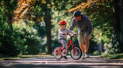 A father helping his son learn to ride a bicycle on a paved path surrounded by trees and foliage