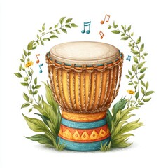 Djembe Drum Surrounded by Green Leaves and Musical Notes Digital Illustration