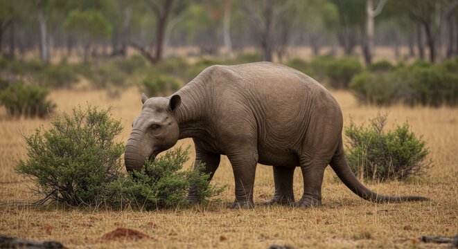 Diprotodon Grazing Amidst Australian Bushland Habitat Scenery Landscape