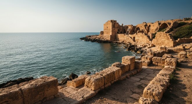 Historical ruins of Atlit fortress on the Mediterranean coast, Israel