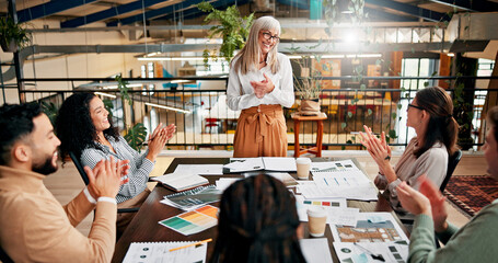 Creative business, people and applause in meeting for campaign performance, KPI goals and branding success. Above, employees and clapping hands with paperwork for logo design approval and achievement