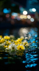 Floating flowers at nighttime mart floating flowers illuminated by lights at a tranquil night market, creating a serene atmosphere.
