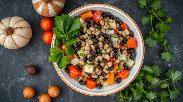 Aerial View of Traditional Turkish Kuru Borulce Salatasi with Dried Black Eyed Peas and Fresh Vegetables