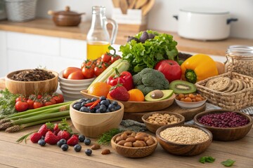Vibrant Fresh Organic Foods on a Wooden Table Display Generative AI