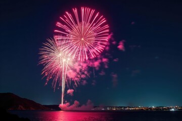 Vibrant fireworks explode against a dark night sky, creating a colorful spectacle , boom, new year, firework display