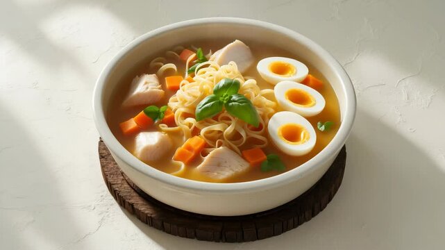 Bowl of quail broth against a background.