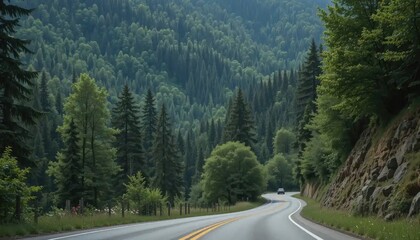 Serene Mountain Road Trip: Winding Asphalt Through Lush Evergreen Forests