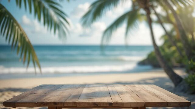 Summer tropical beachside table for product displays, a wooden kitchen bar for food outdoors on sandy shores under the sun, featuring ocean views.