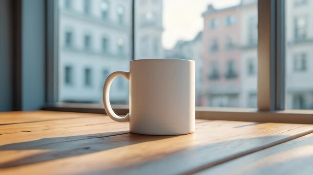Mug Mockup set on a table in front of a window, providing a scenic outlook.