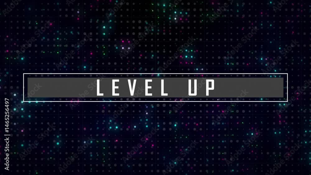 Poster rectangular level up banner glowing in animated illustration, pulsing over dark grid with neon dots